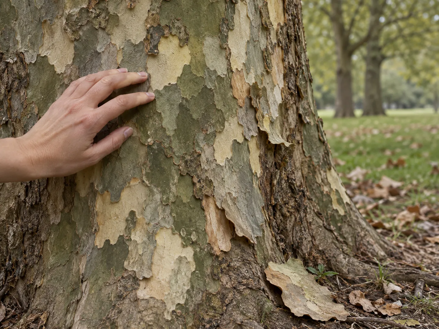 A hand resting on the patchwork green, grey and cream bark of a plane tree, with a fallen bark flake at its foot