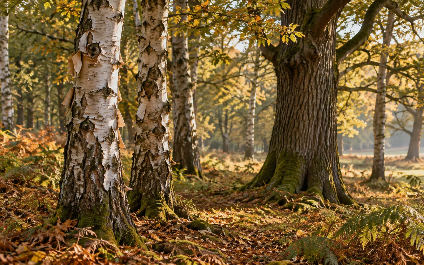 Silver birch trunks with white peeling bark beside a broad, ridged oak trunk in an autumn wood, with bracken on the ground